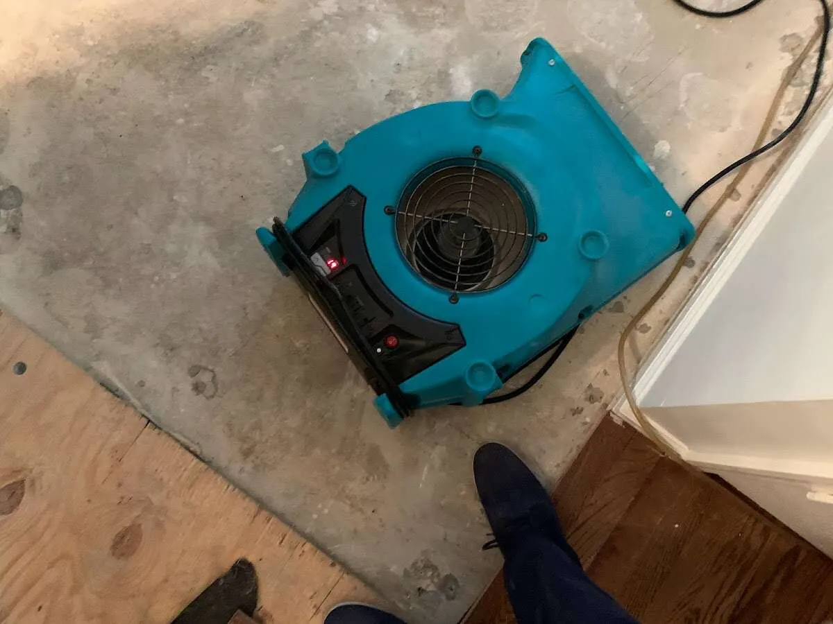Air mover drying subfloor during Leak Detection & Repair in Sulphur